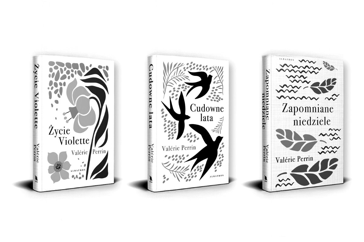 Three original black-and-white hardcover book visualizations by Kasia Meszka for Valérie Perrin