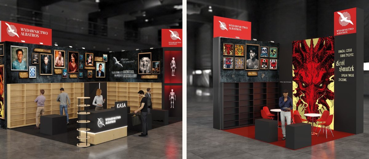 Two exhibition stand visualizations: the Albatros portrait gallery and a solo Joe Hill exhibition