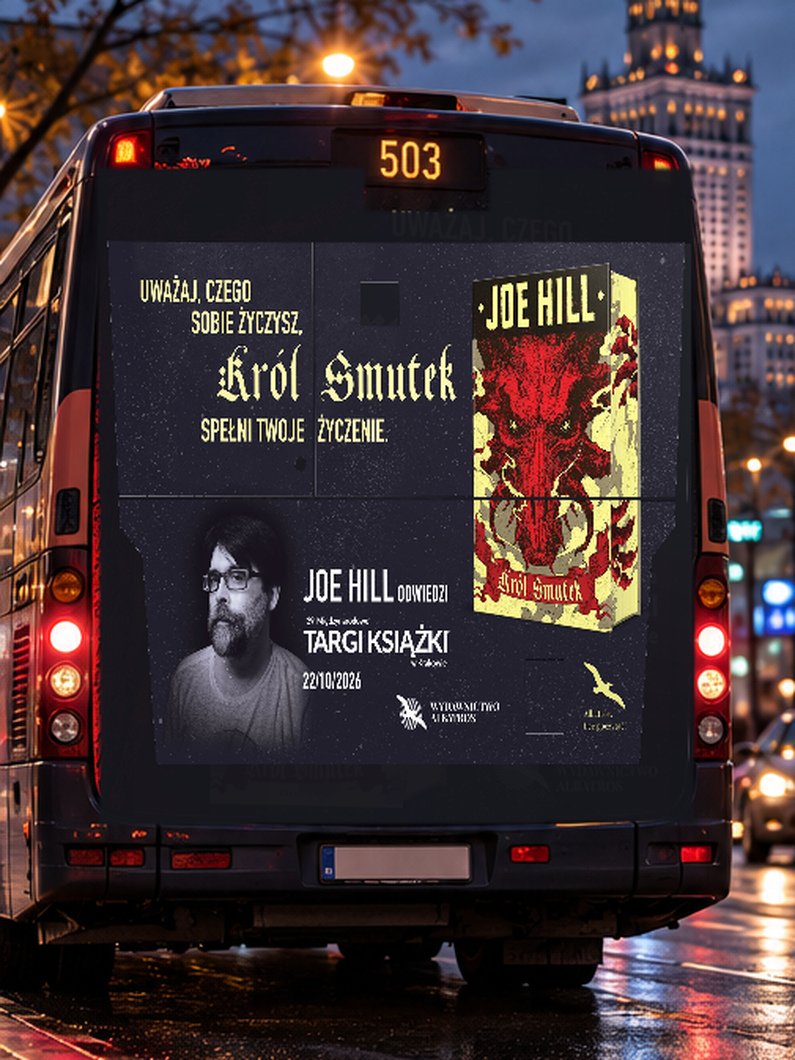 Photographic conceptual mockup of the original Joe Hill bus rear design in an urban environment