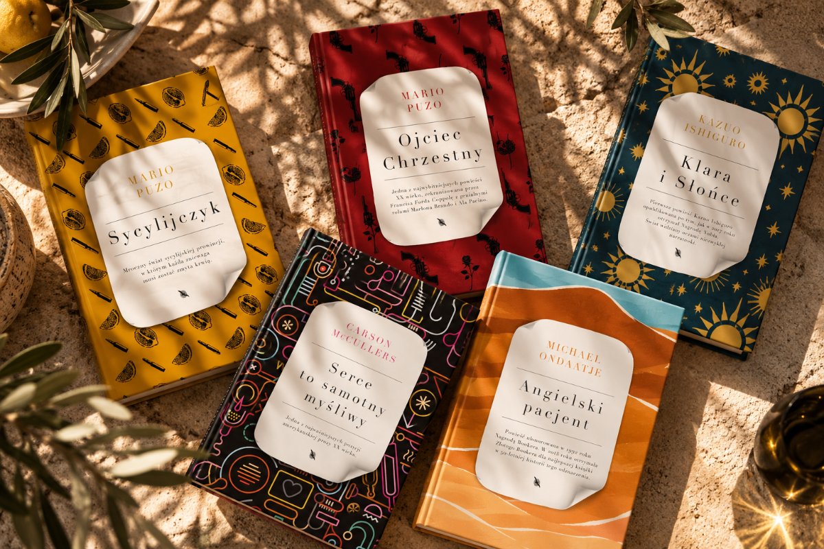 Five hardcover classics laid out in sunlight: Sycylijczyk, Ojciec Chrzestny, Klara i Słońce, Serce to samotny myśliwy and Angielski pacjent