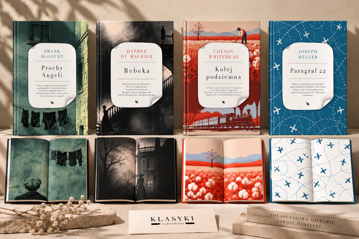 Four hardcover classics displayed above their decorated open endpapers on pale sandstone: Prochy Angeli, Rebeka, Kolej podziemna and Paragraf 22
