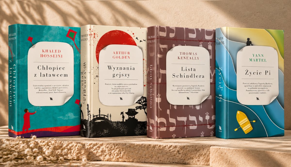 Four upright hardcover books, Chłopiec z latawcem, Wyznania gejszy, Lista Schindlera and Życie Pi, arranged on sandstone in warm side light