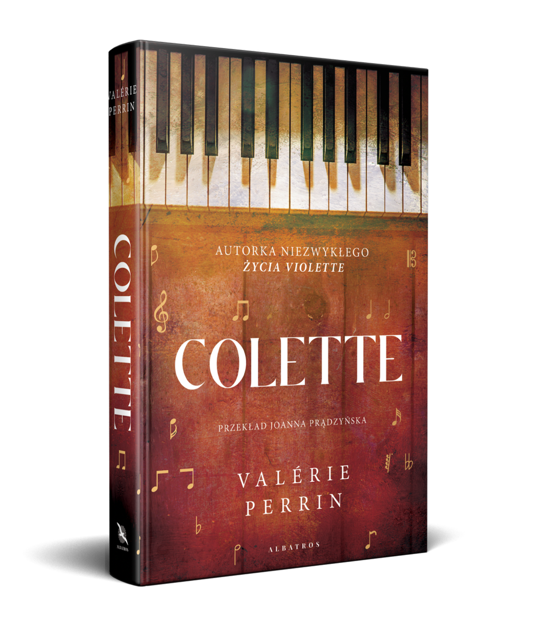 Colette hardcover design featuring an aged piano keyboard and notes