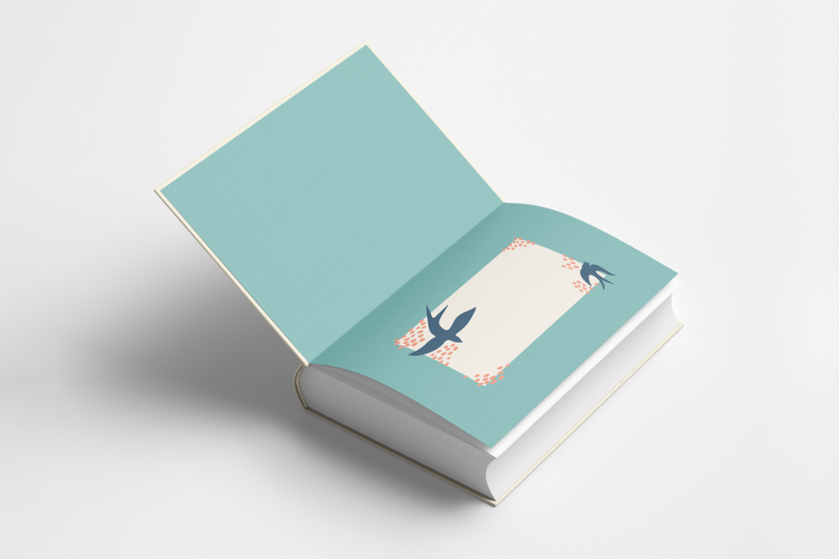 Open Cudowne lata gift edition showing a teal endpaper and a blank area for dedication framed by birds