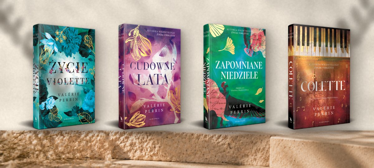 The four original Polish hardback book cover designs by Kasia Meszka: Życie Violette, Cudowne lata, Zapomniane niedziele and Colette