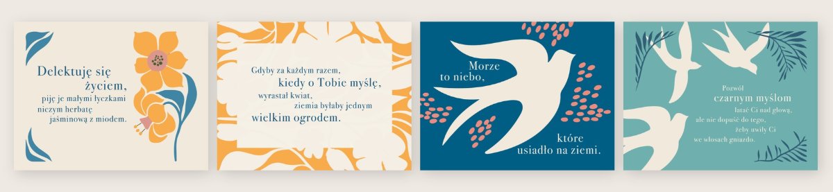 Four original postcard designs featuring botanical illustrations, birds and quotations from the two Valérie Perrin books