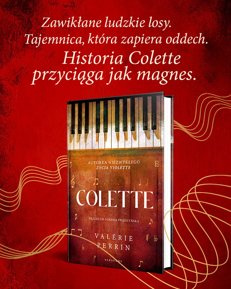 Original campaign advertisement for Colette, using red artwork and gold musical line motifs