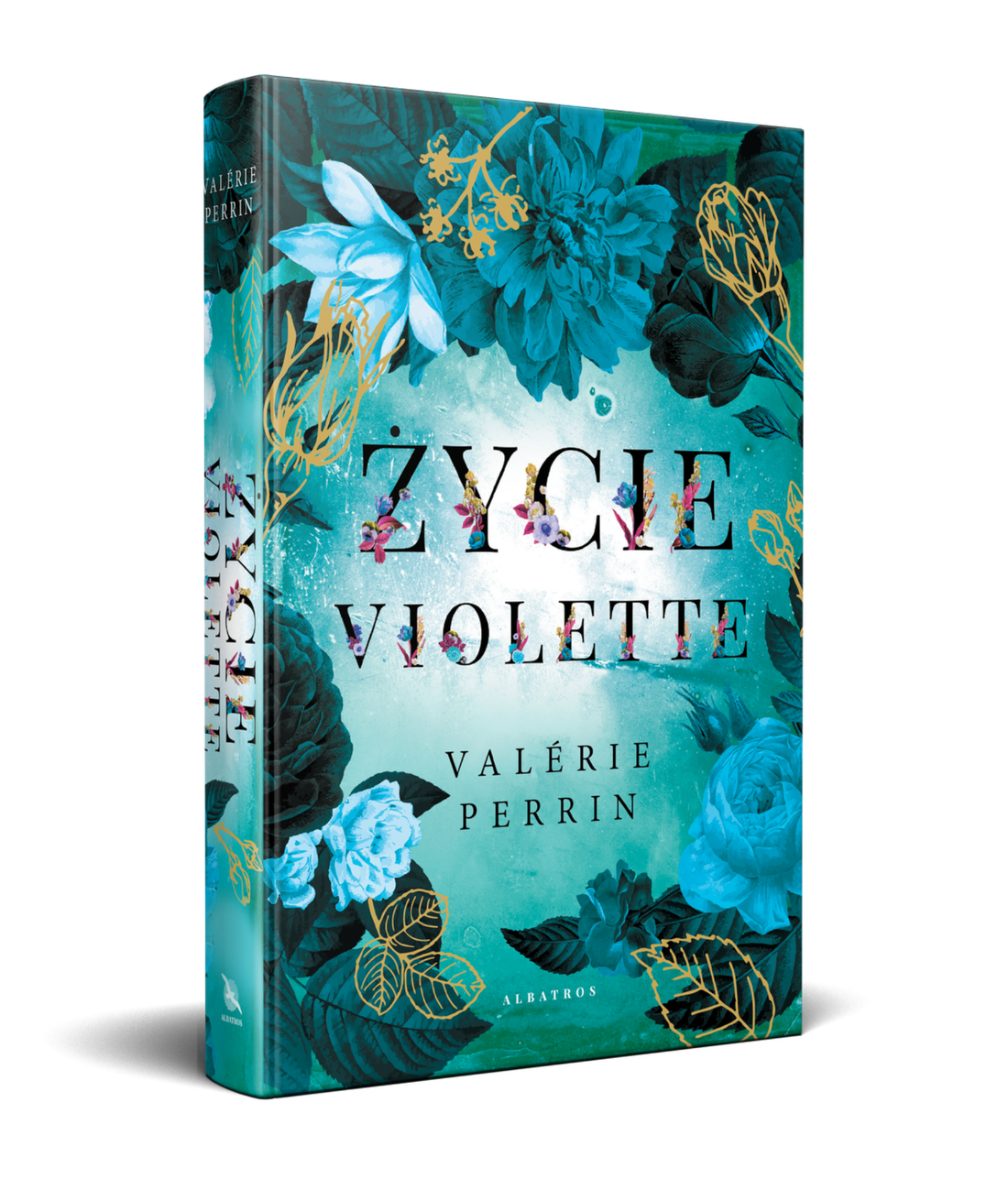 Życie Violette turquoise botanical cover with gilded leaves and serif typography