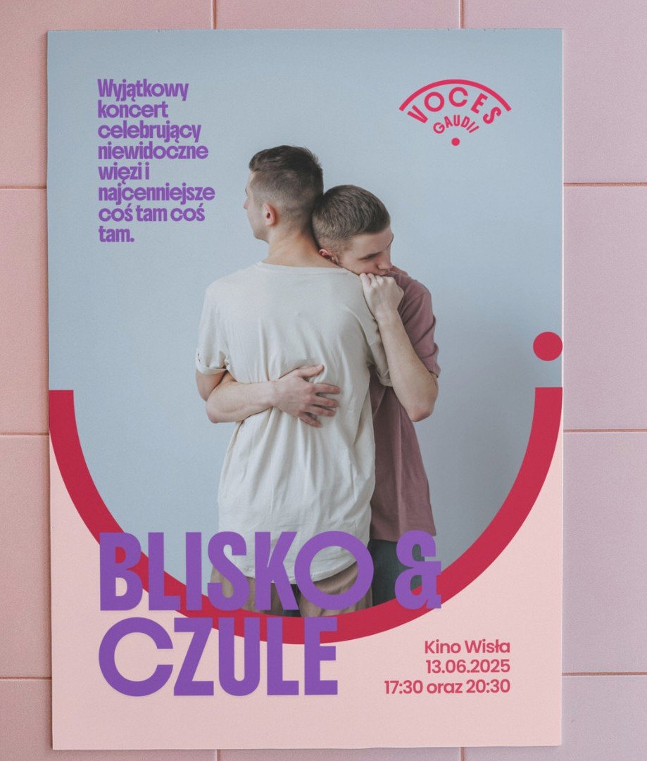 Crop of original Voces Gaudii poster application showing embracing singers, magenta logo and typography on a tiled wall