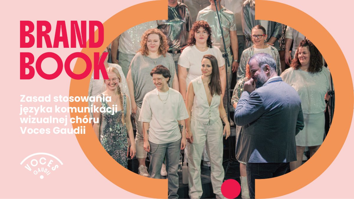 Real pink and orange Voces Gaudii brandbook cover with the choir photograph inside an orange arch