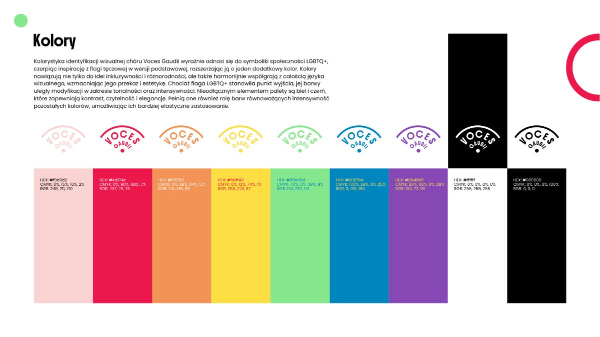 Colour specifications from the actual Voces Gaudii brandbook, including brand logo options