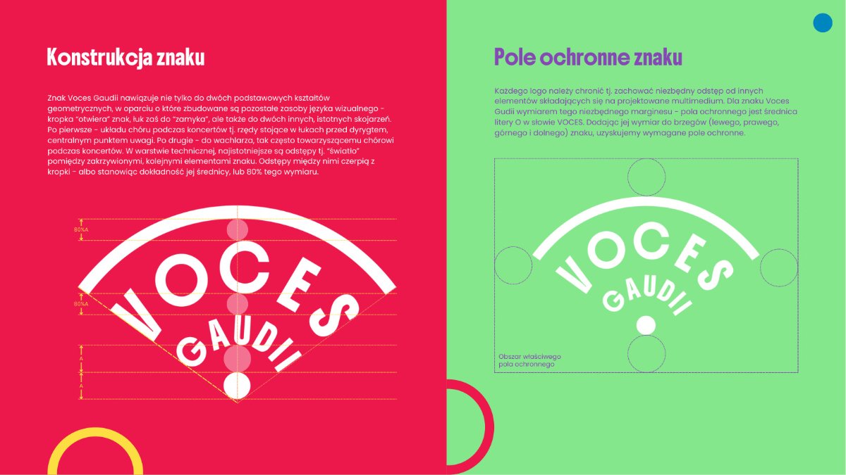 Original final brandbook page describing the construction of the Voces Gaudii arched logo and exclusion zone