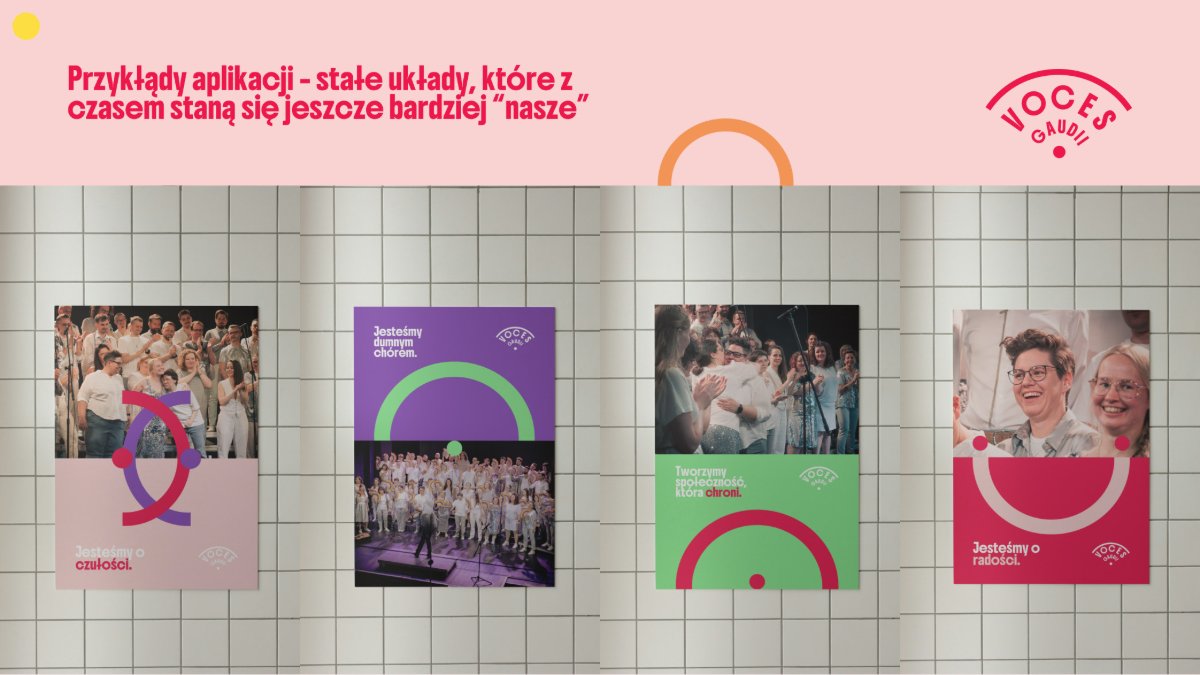 Four actual Voces Gaudii poster designs displayed as conceptual wall mockups