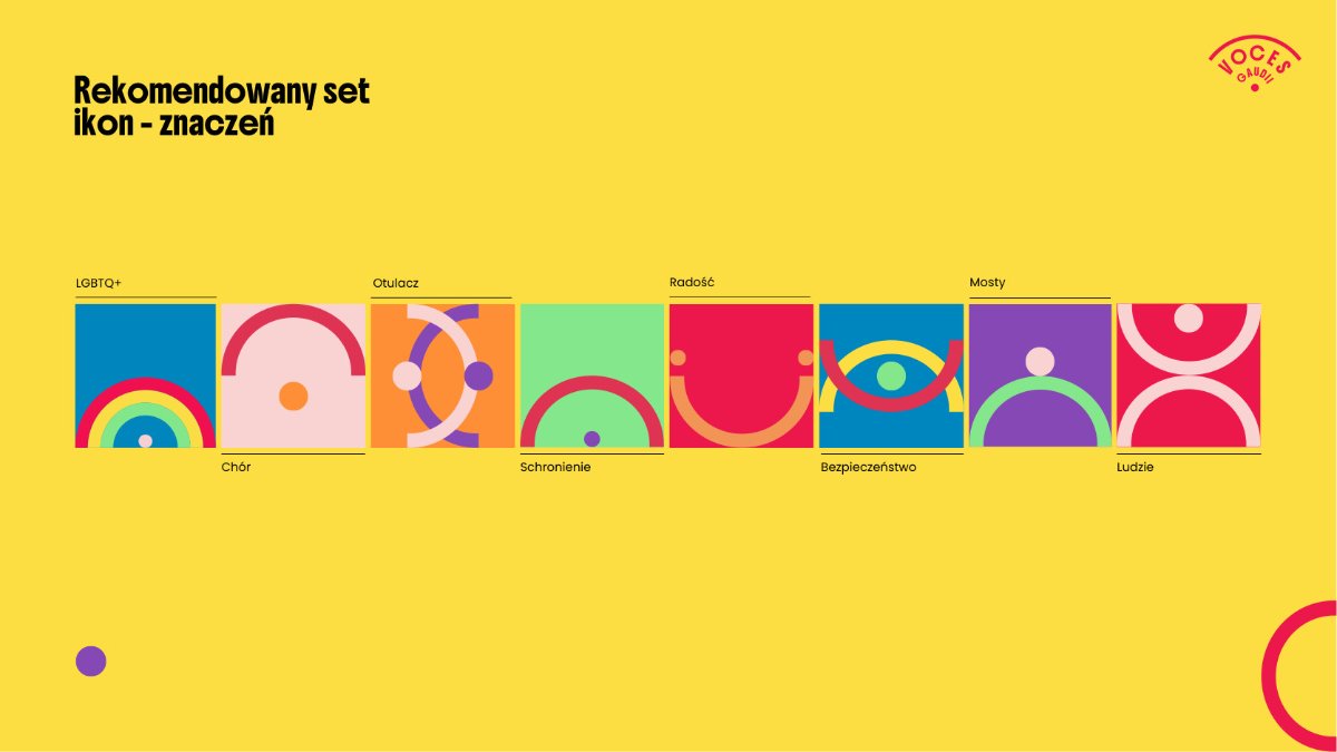 Actual visual symbols for LGBTQ+, belonging, choir, safety and joy using arc and dot motifs